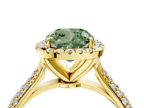 Yellow gold Fancy Green Cushion Cut Halo Diamond Ring with Pavé Band_4