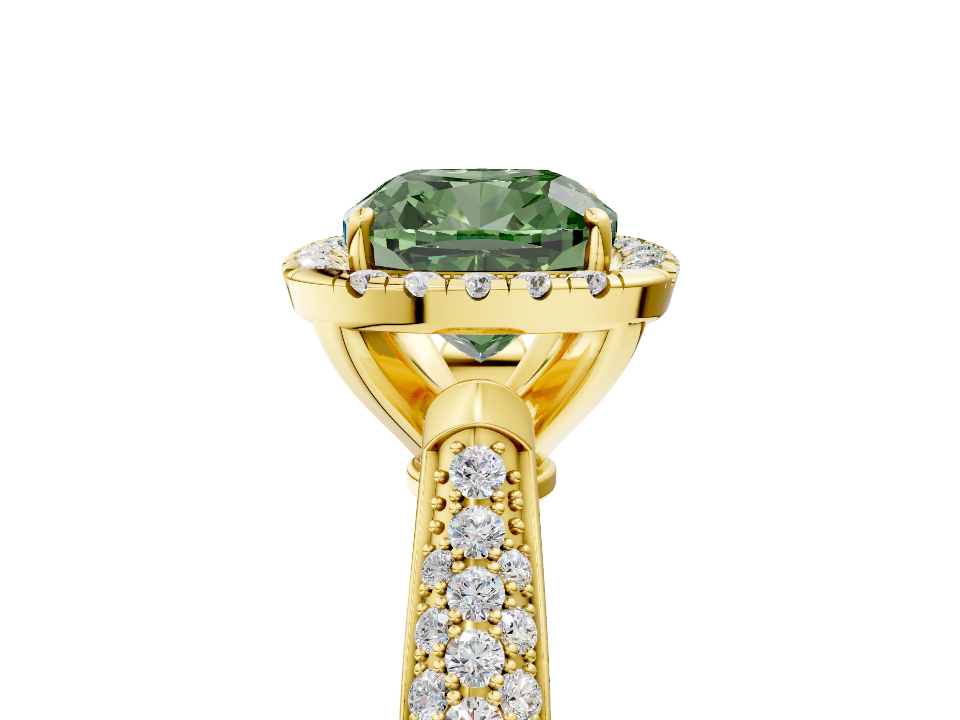 Yellow gold Fancy Green Cushion Cut Halo Diamond Ring with Pavé Band_5