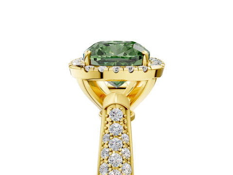 Yellow gold Fancy Green Cushion Cut Halo Diamond Ring with Pavé Band_5