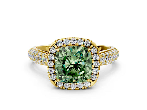 Yellow gold Fancy Green Cushion Cut Halo Diamond Ring with Pavé Band