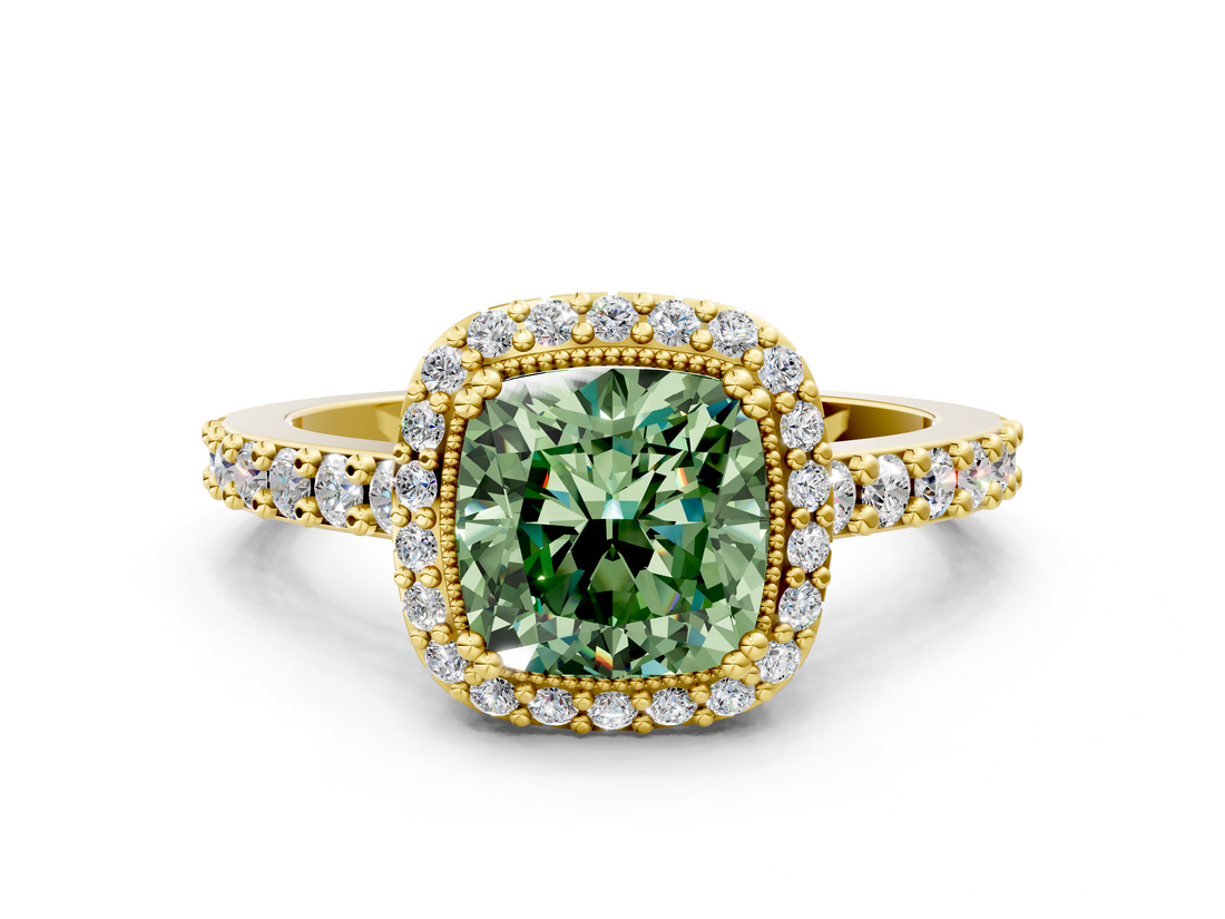 Yellow gold Fancy Green Cushion  Cut Halo Diamond Ring with Pave Band and Four-Prong Setting_23