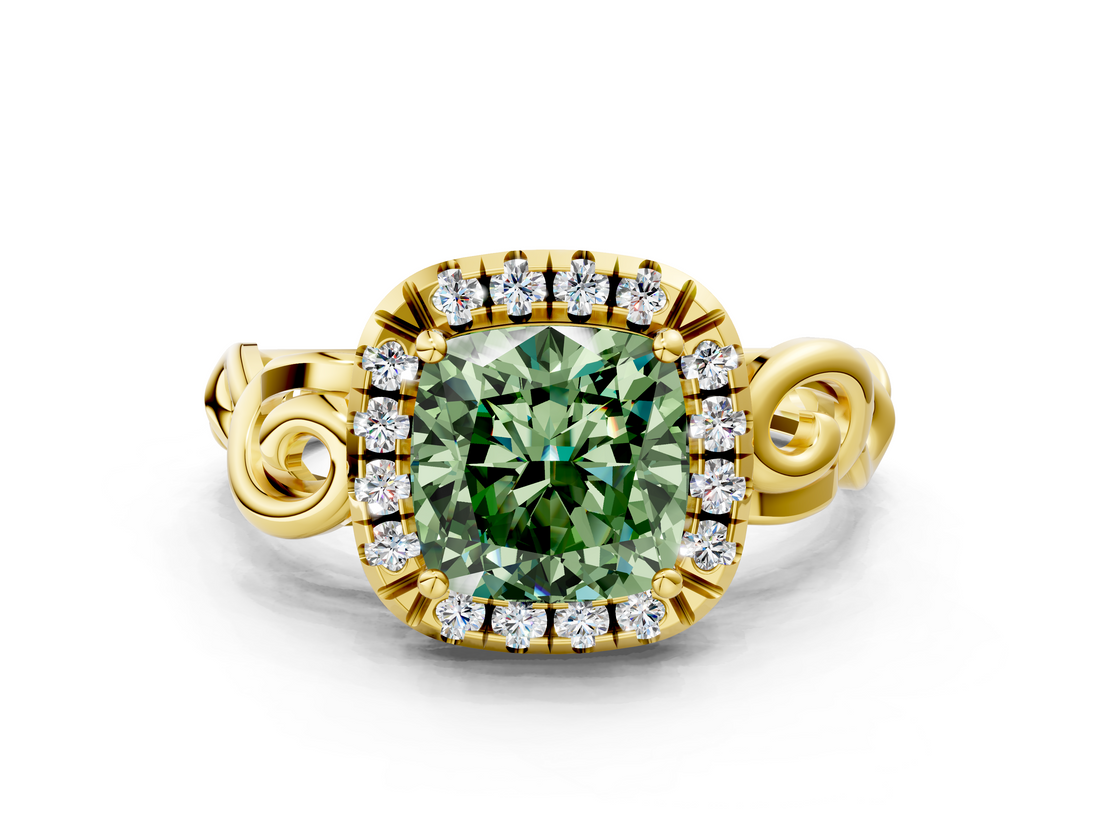Yellow gold Fancy Green Cushion  Cut Halo Diamond Ring with Scrollwork Band and Four-Prong Setting_79