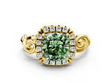 Yellow gold Fancy Green Cushion  Cut Halo Diamond Ring with Scrollwork Band and Four-Prong Setting_79