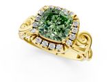 Yellow gold Fancy Green Cushion  Cut Halo Diamond Ring with Scrollwork Band and Four-Prong Setting_80