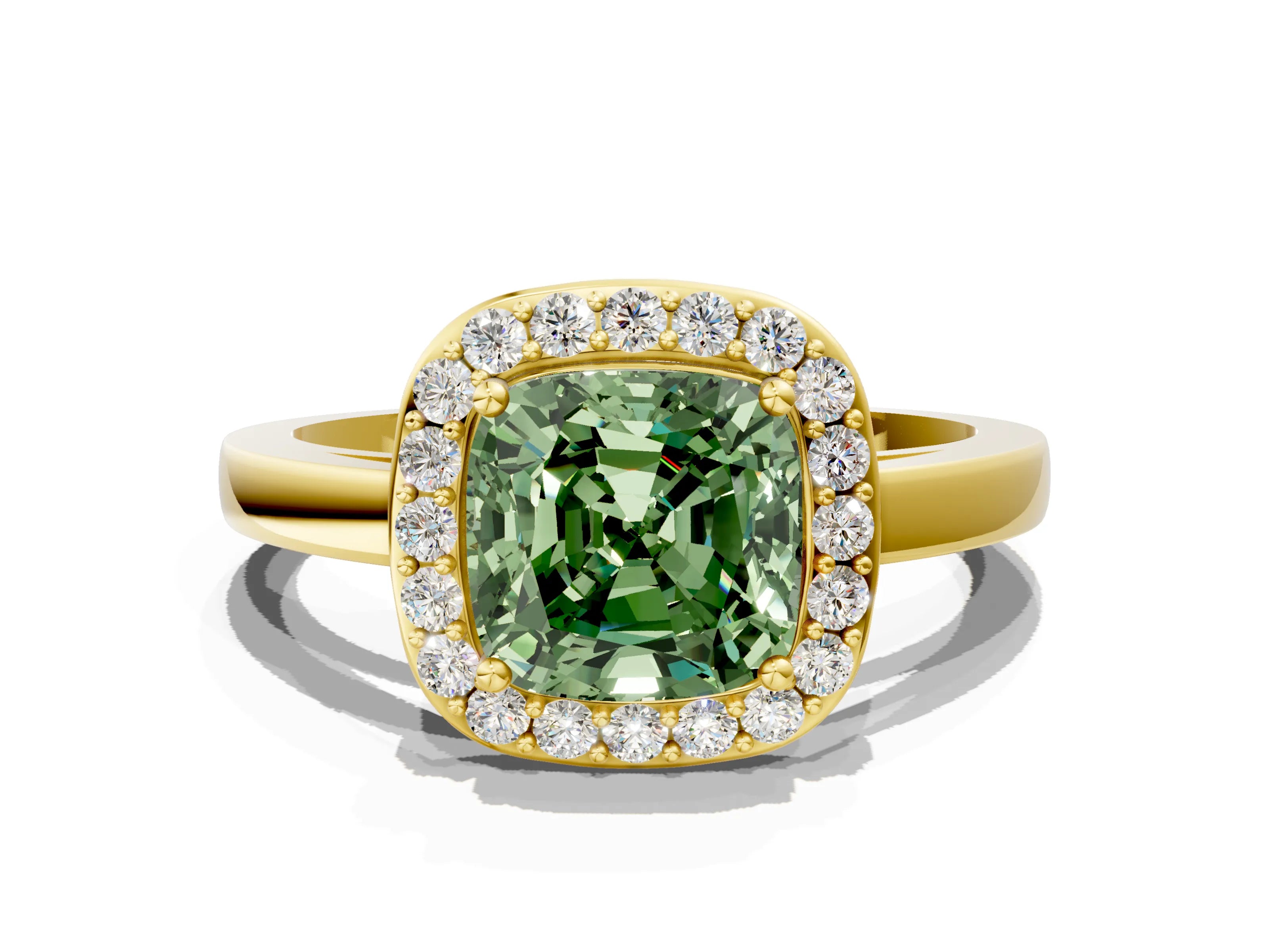 Yellow gold Fancy Green Cushion Cut Halo Diamond Ring with Solitaire Band and Prong Setting