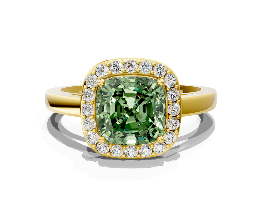 Yellow gold Fancy Green Cushion Cut Halo Diamond Ring with Solitaire Band and Prong Setting