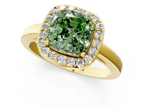 Yellow gold Fancy Green Cushion Cut Halo Diamond Ring with Solitaire Band and Prong Setting_1