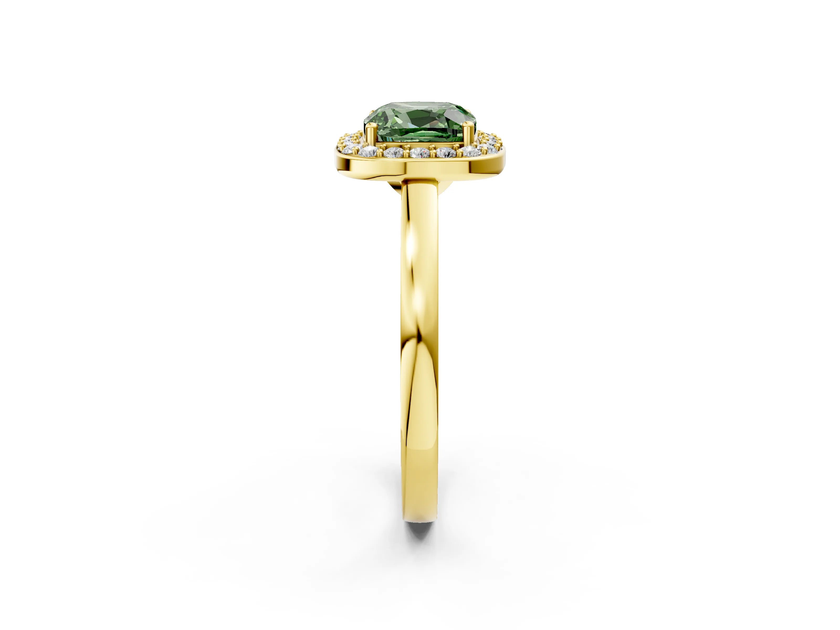 Yellow gold Fancy Green Cushion Cut Halo Diamond Ring with Solitaire Band and Prong Setting_2