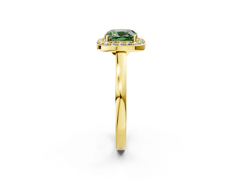 Yellow gold Fancy Green Cushion Cut Halo Diamond Ring with Solitaire Band and Prong Setting_2