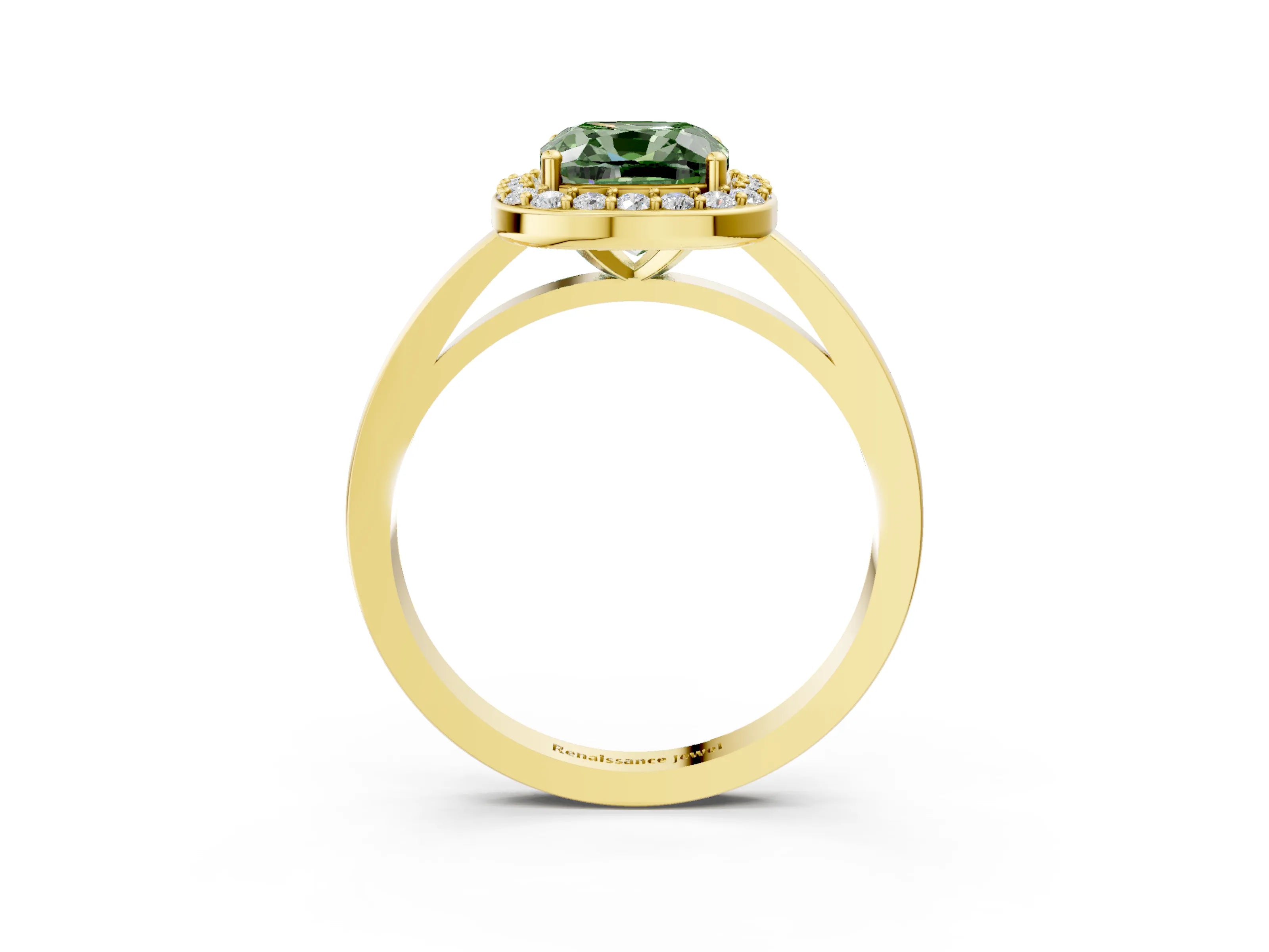 Yellow gold Fancy Green Cushion Cut Halo Diamond Ring with Solitaire Band and Prong Setting_3