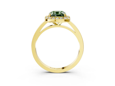 Yellow gold Fancy Green Cushion Cut Halo Diamond Ring with Solitaire Band and Prong Setting_3