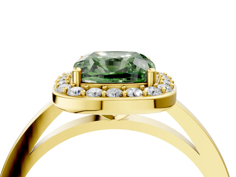 Yellow gold Fancy Green Cushion Cut Halo Diamond Ring with Solitaire Band and Prong Setting_4