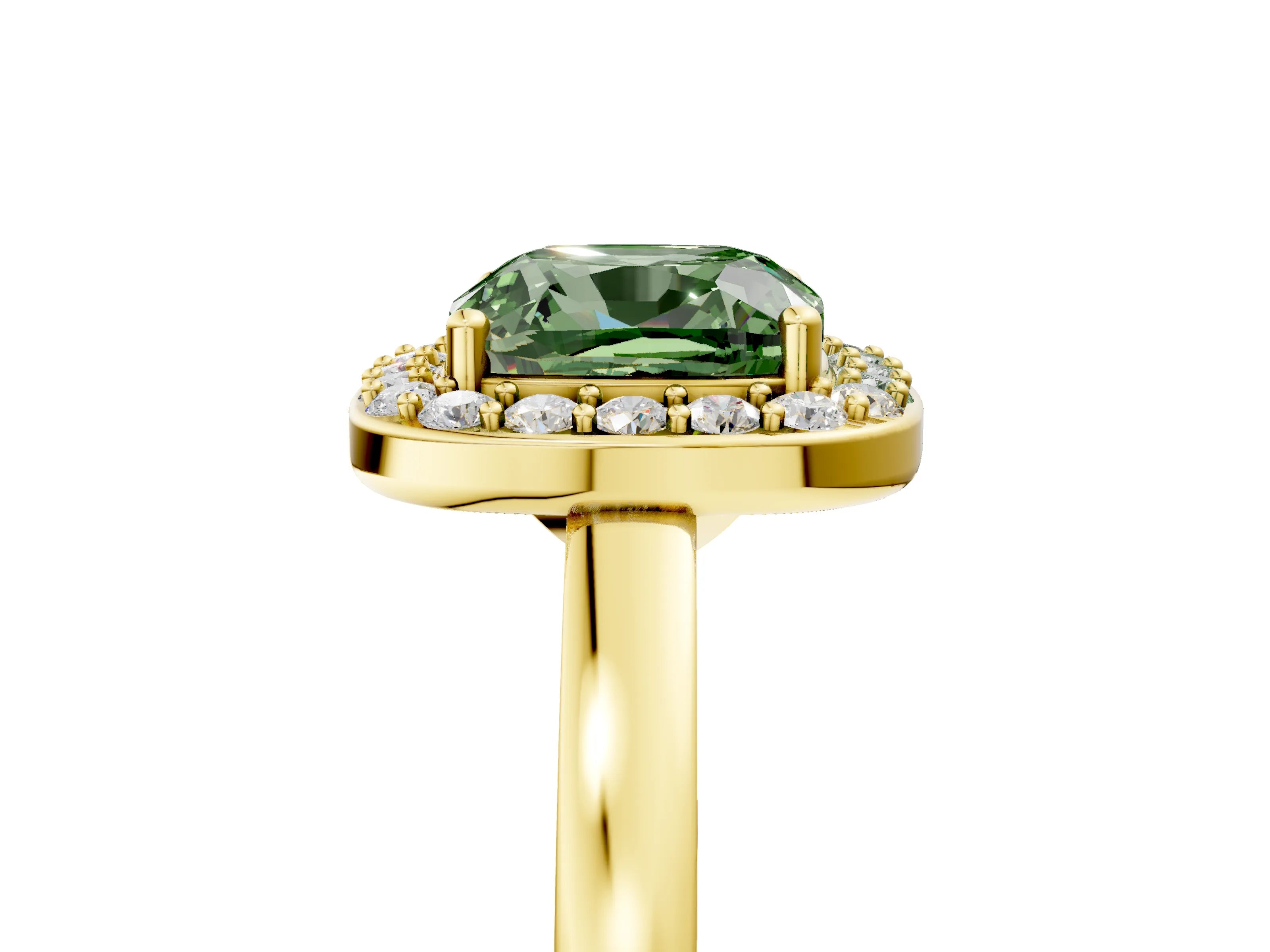 Yellow gold Fancy Green Cushion Cut Halo Diamond Ring with Solitaire Band and Prong Setting_5
