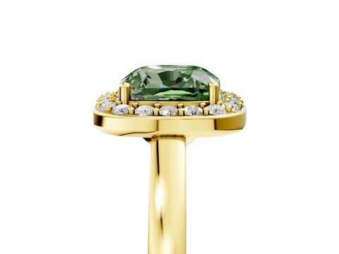 Yellow gold Fancy Green Cushion Cut Halo Diamond Ring with Solitaire Band and Prong Setting_5