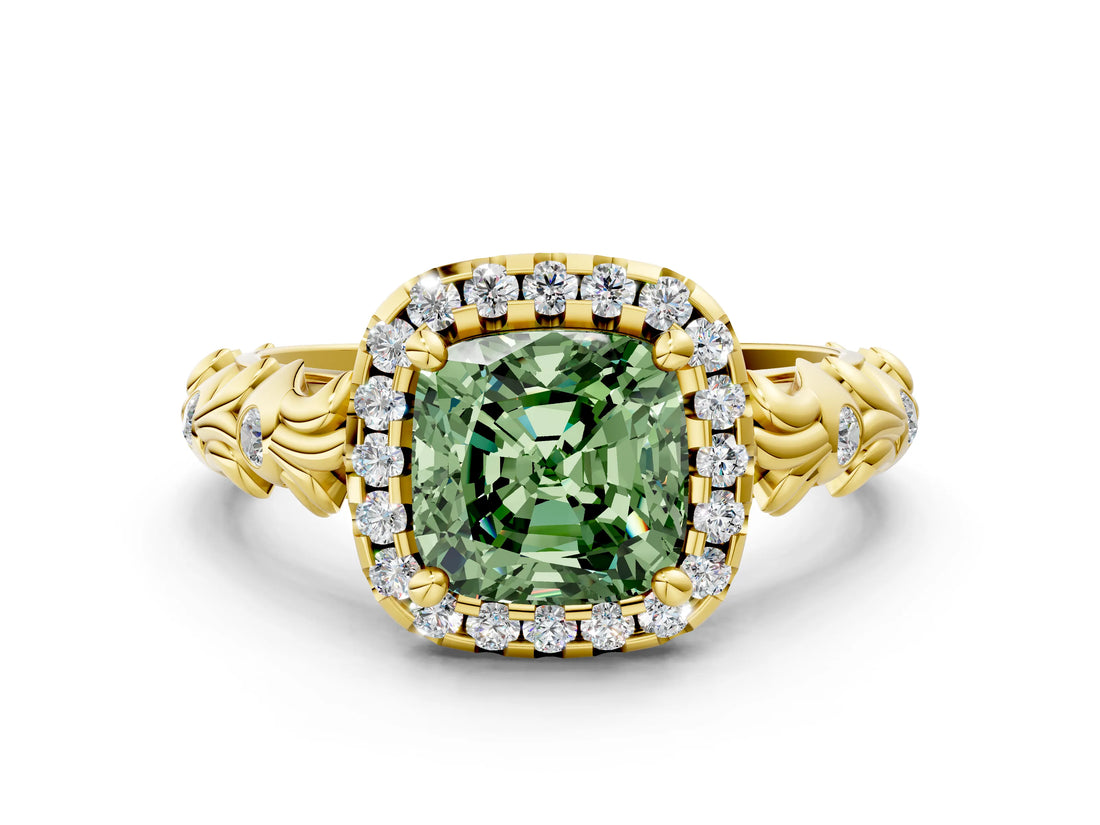 Yellow gold Fancy Green Cushion Cut Halo Diamond Solitaire with Filigree Band and Four-Prong Setting