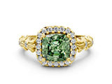 Yellow gold Fancy Green Cushion Cut Halo Diamond Solitaire with Filigree Band and Four-Prong Setting