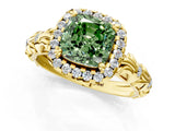 Yellow gold Fancy Green Cushion Cut Halo Diamond Solitaire with Filigree Band and Four-Prong Setting_1