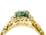 Yellow gold Fancy Green Cushion Cut Halo Diamond Solitaire with Filigree Band and Four-Prong Setting_4