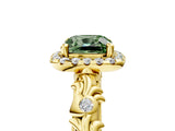 Yellow gold Fancy Green Cushion Cut Halo Diamond Solitaire with Filigree Band and Four-Prong Setting_5