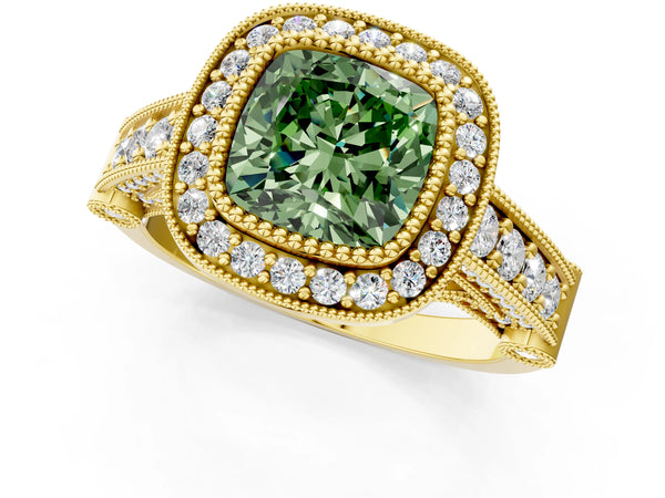 Yellow Gold Cushion Cut Vintage Bezel Halo Engagement Ring Setting for Fancy Green Center