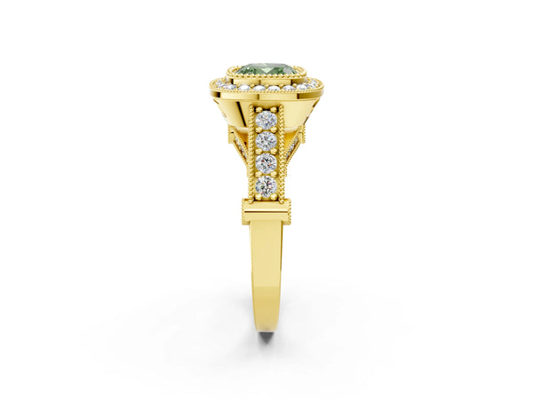 Yellow Gold Cushion Cut Vintage Bezel Halo Engagement Ring Setting for Fancy Green Center