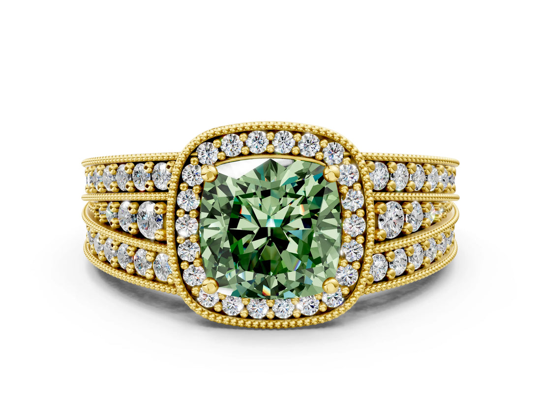 Yellow gold Fancy Green Cushion Cut Halo Diamond Split Shank Ring with Prong Setting