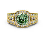 Yellow gold Fancy Green Cushion Cut Halo Diamond Split Shank Ring with Prong Setting