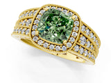 Yellow gold Fancy Green Cushion Cut Halo Diamond Split Shank Ring with Prong Setting_1