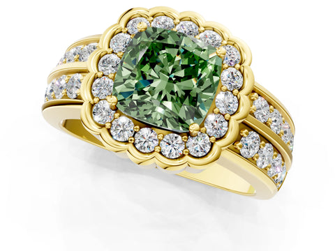 Yellow gold Fancy Green Cushion Cut Halo Diamond Split Shank Ring with Scalloped Prong Setting_1