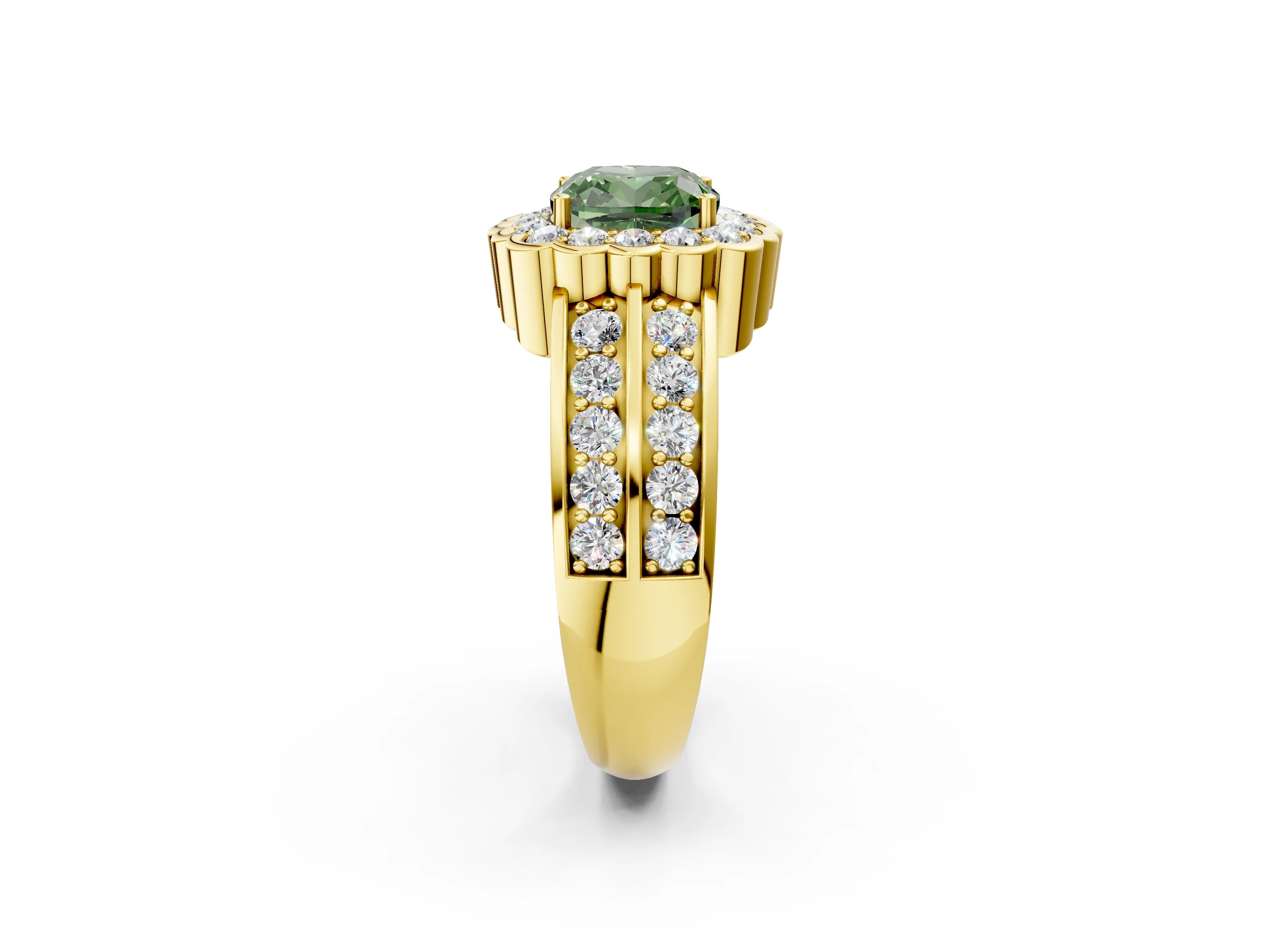 Yellow gold Fancy Green Cushion Cut Halo Diamond Split Shank Ring with Scalloped Prong Setting_2