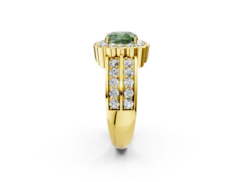 Yellow gold Fancy Green Cushion Cut Halo Diamond Split Shank Ring with Scalloped Prong Setting_2