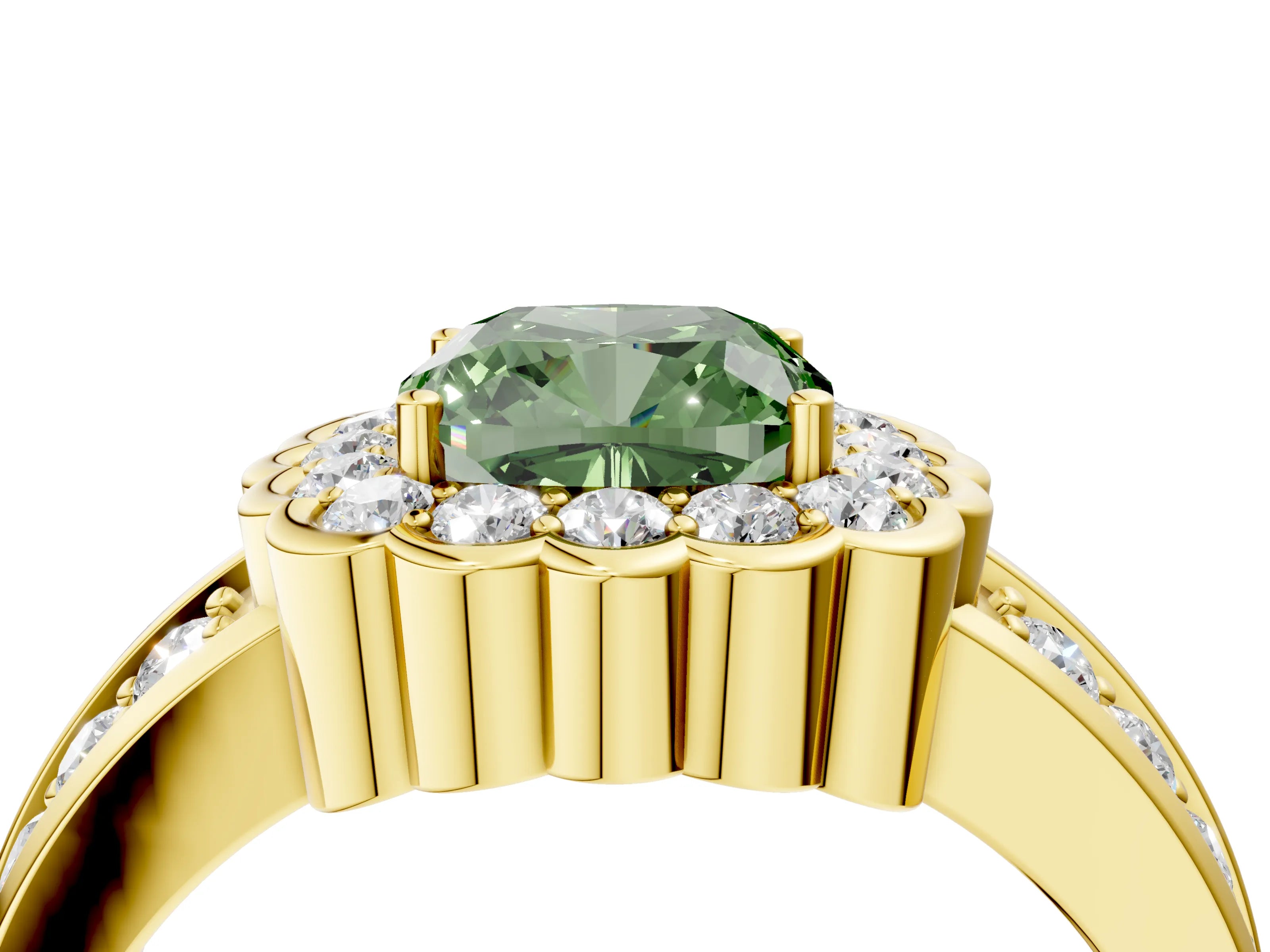 Yellow gold Fancy Green Cushion Cut Halo Diamond Split Shank Ring with Scalloped Prong Setting_4