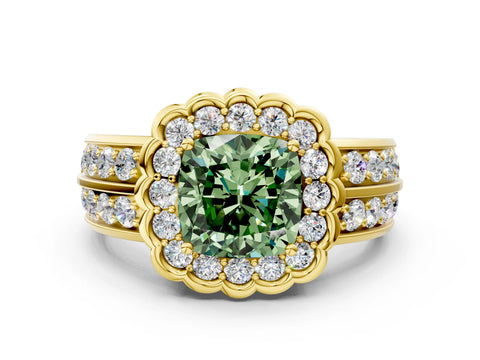 Yellow gold Fancy Green Cushion Cut Halo Diamond Split Shank Ring with Scalloped Prong Setting