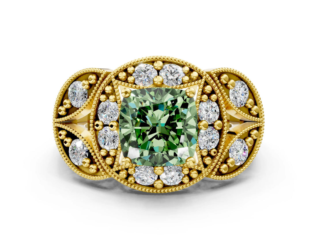 Yellow gold Fancy Green Cushion Cut Halo Milgrain Diamond Engagement Ring with Leaf Band and Four-Prong Setting