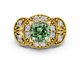Yellow gold Fancy Green Cushion Cut Halo Milgrain Diamond Engagement Ring with Leaf Band and Four-Prong Setting