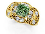 Yellow gold Fancy Green Cushion Cut Halo Milgrain Diamond Engagement Ring with Leaf Band and Four-Prong Setting_1