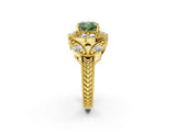 Yellow gold Fancy Green Cushion Cut Halo Milgrain Diamond Engagement Ring with Leaf Band and Four-Prong Setting_2