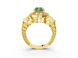 Yellow gold Fancy Green Cushion Cut Halo Milgrain Diamond Engagement Ring with Leaf Band and Four-Prong Setting_3