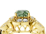 Yellow gold Fancy Green Cushion Cut Halo Milgrain Diamond Engagement Ring with Leaf Band and Four-Prong Setting_4