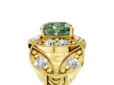 Yellow gold Fancy Green Cushion Cut Halo Milgrain Diamond Engagement Ring with Leaf Band and Four-Prong Setting_5
