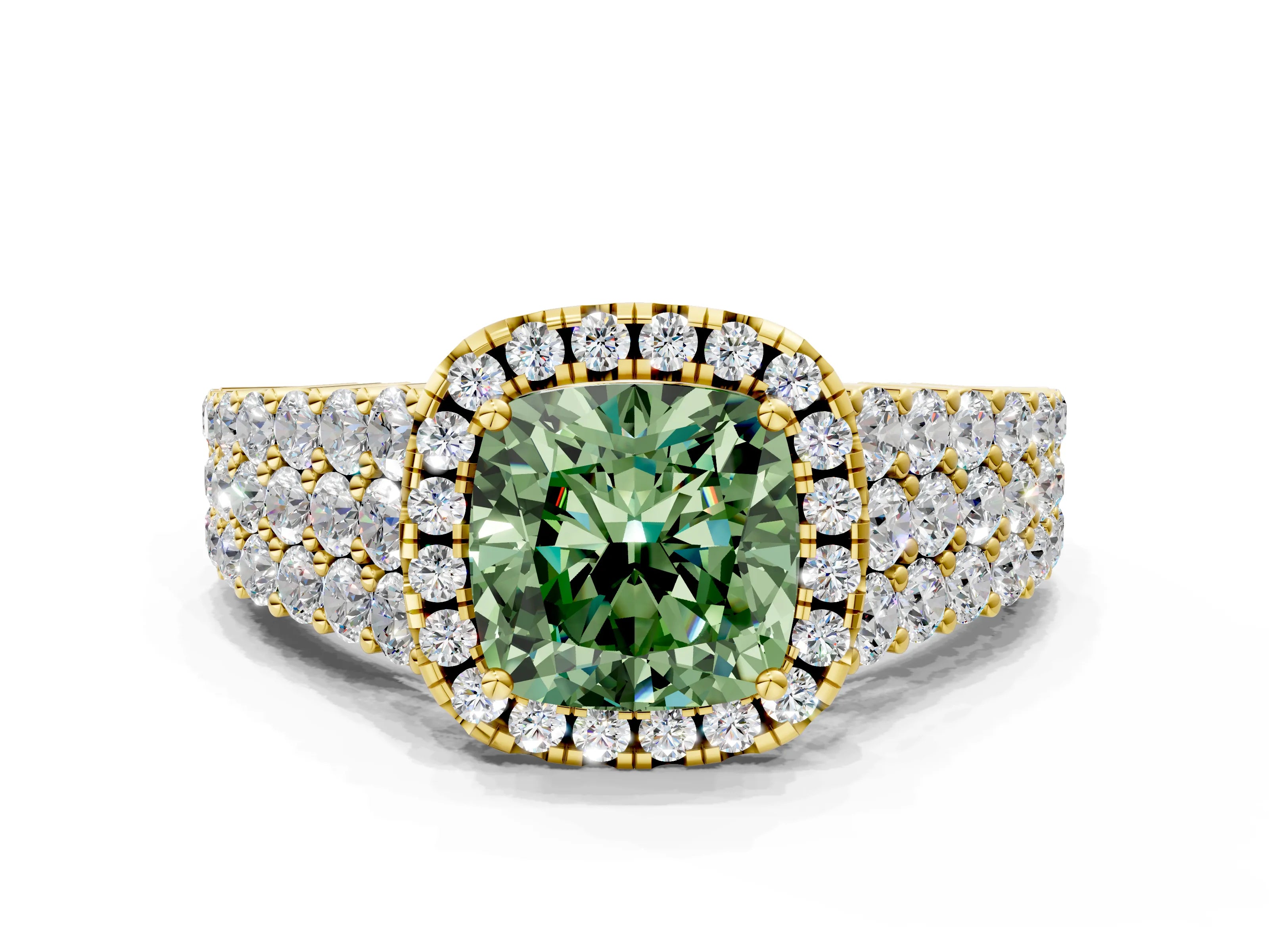 Yellow gold Fancy Green Cushion Cut Halo Pavé Diamond Engagement Ring with Split Shank and Four-Prong Setting_3