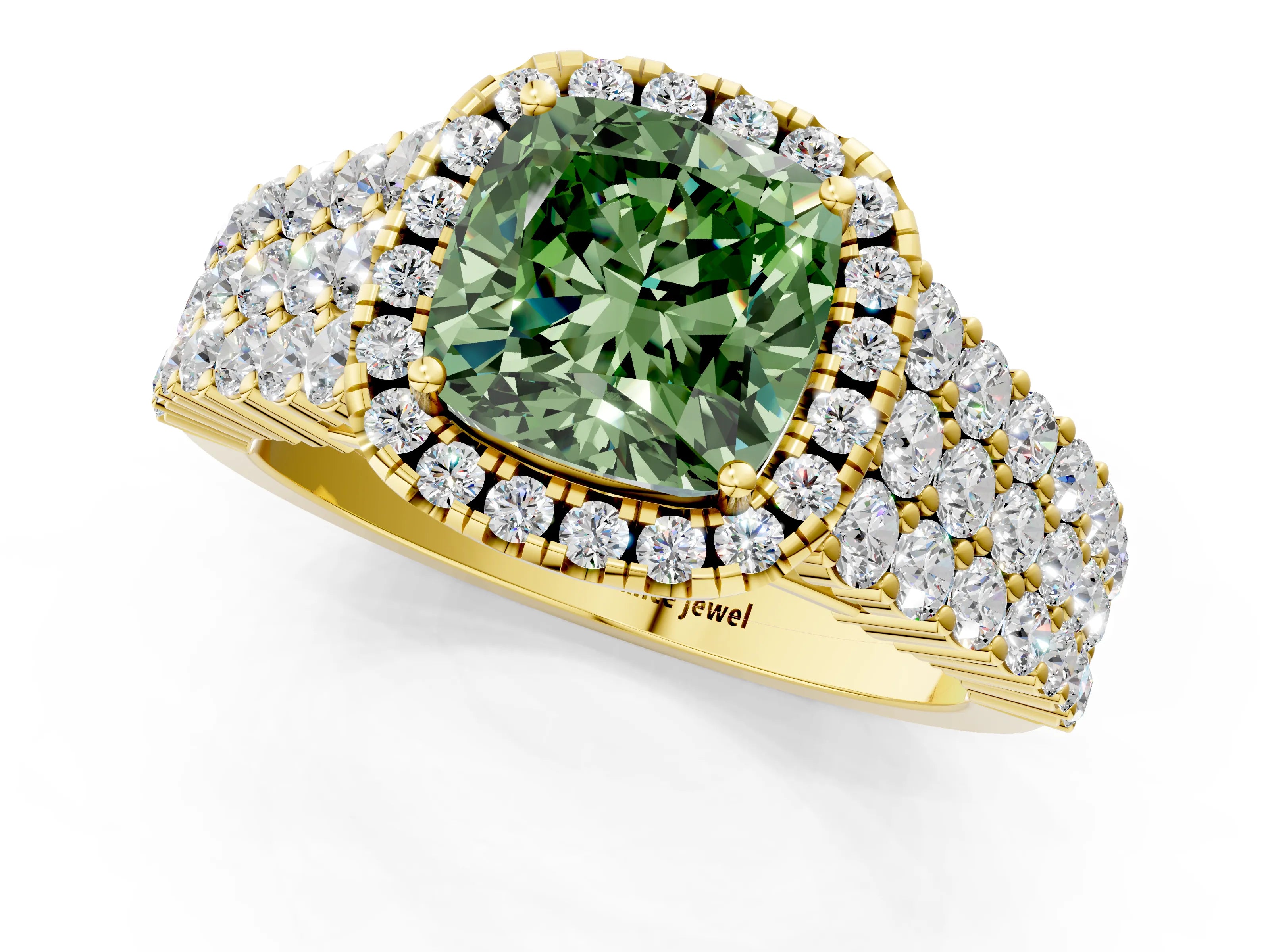 Yellow gold Fancy Green Cushion Cut Halo Pavé Diamond Engagement Ring with Split Shank and Four-Prong Setting_4