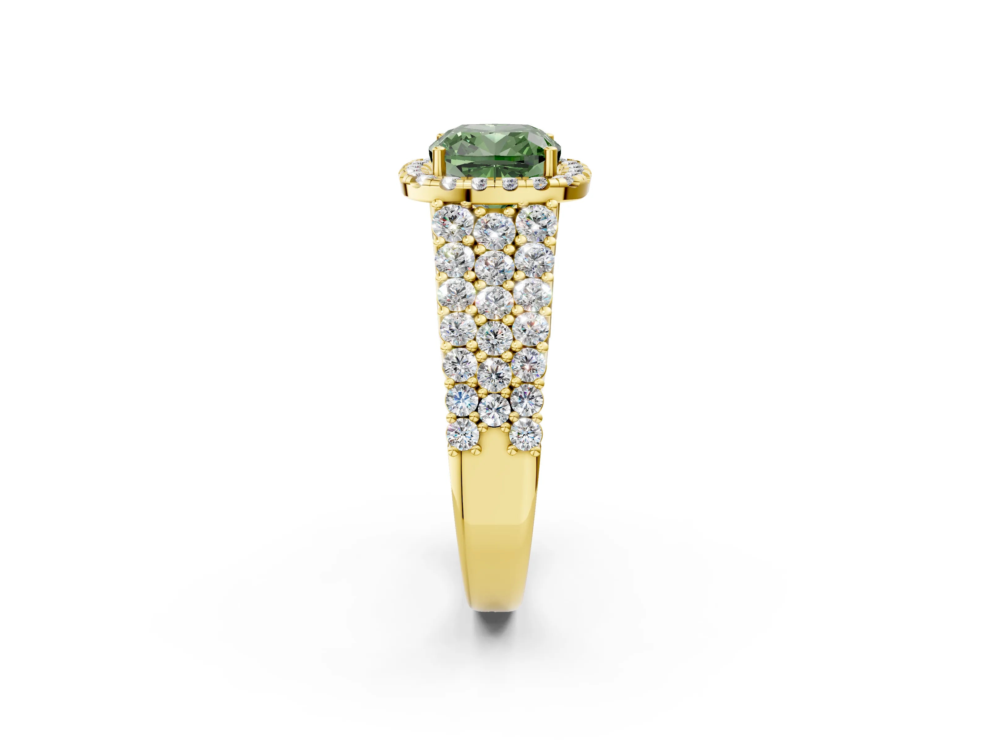 Yellow gold Fancy Green Cushion Cut Halo Pavé Diamond Engagement Ring with Split Shank and Four-Prong Setting_5