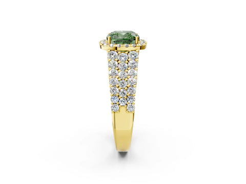 Yellow gold Fancy Green Cushion Cut Halo Pavé Diamond Engagement Ring with Split Shank and Four-Prong Setting_5