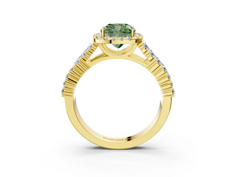 Yellow gold Fancy Green Cushion Cut Halo Pavé Diamond Engagement Ring with Split Shank and Four-Prong Setting_6