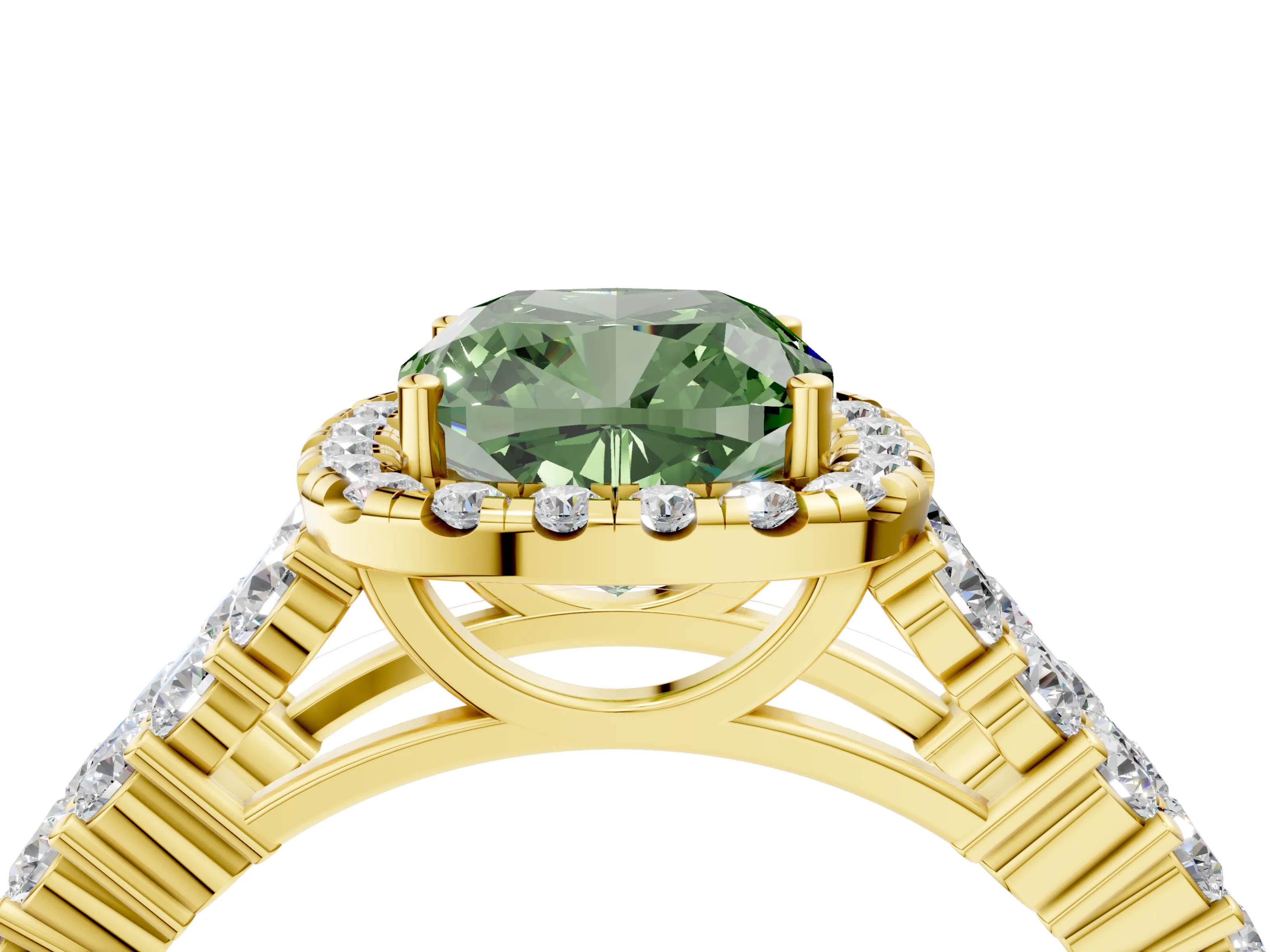Yellow gold Fancy Green Cushion Cut Halo Pavé Diamond Engagement Ring with Split Shank and Four-Prong Setting_7