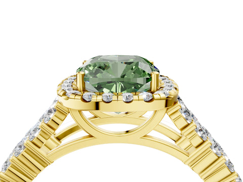 Yellow gold Fancy Green Cushion Cut Halo Pavé Diamond Engagement Ring with Split Shank and Four-Prong Setting_7