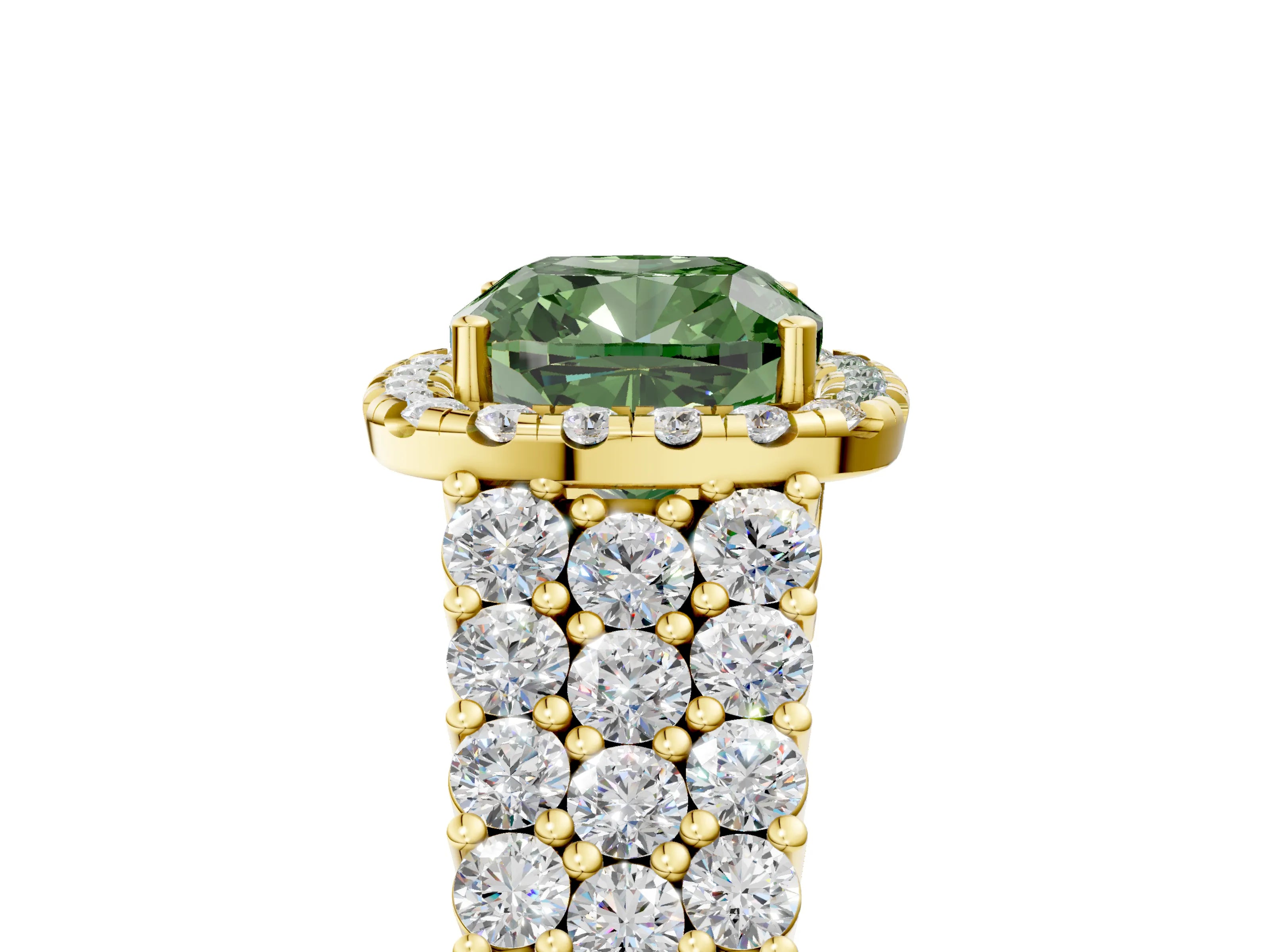 Yellow gold Fancy Green Cushion Cut Halo Pavé Diamond Engagement Ring with Split Shank and Four-Prong Setting_8