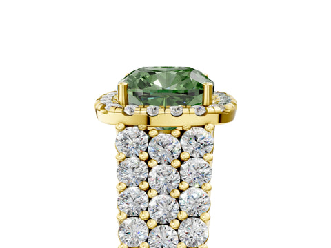 Yellow gold Fancy Green Cushion Cut Halo Pavé Diamond Engagement Ring with Split Shank and Four-Prong Setting_8