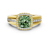 Yellow gold Fancy Green Cushion  Cut Halo Pave Band Four-Prong Ring_49